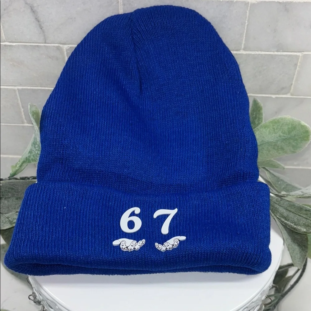 Winter Beanie Hat – “67”  and Hands Symbol in white